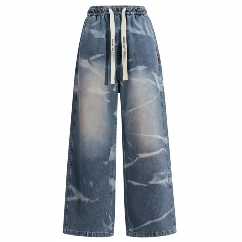 Men'S Spring and Autumn Zebra Pattern Tie Dyeing American Retro Jeans Fashion Loose Water Washed Drawstring Casual Long Pants