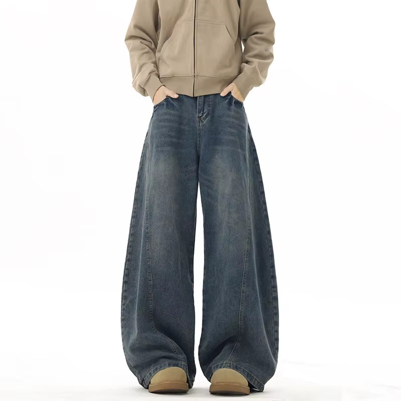 Wide Leg Jeans Men Denim Dark Blue Floor Sweeping Baggy Trousers Street Dance Hip Hop Unisex Urban Fashion Urban Streetwear