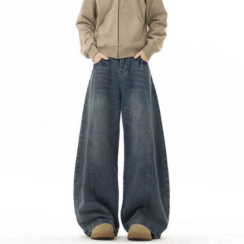 Wide Leg Jeans Men Denim Dark Blue Floor Sweeping Baggy Trousers Street Dance Hip Hop Unisex Urban Fashion Urban Streetwear