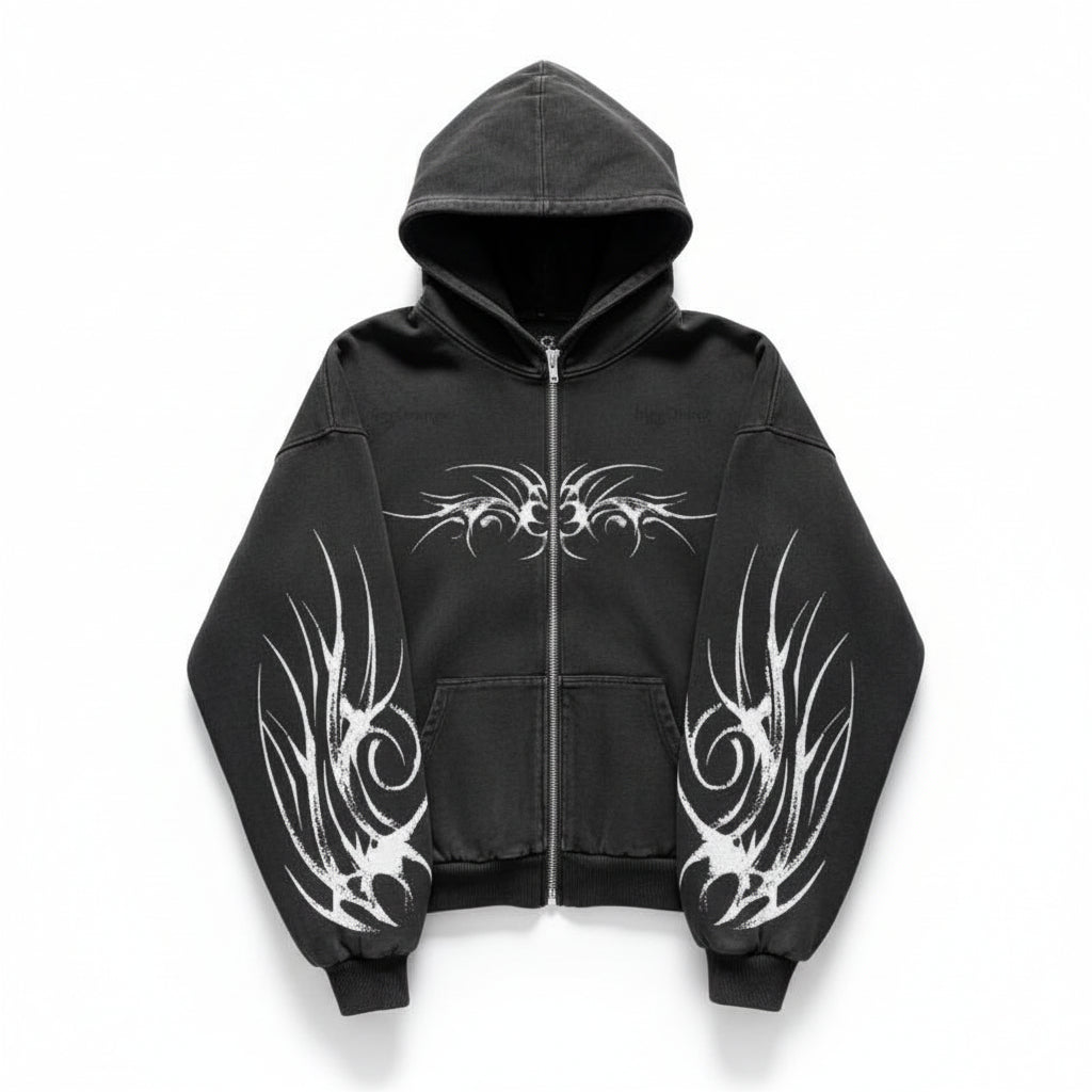 Gothic Punk Graphic Print Oversized Sweatshirt High Street Harajuku Y2K Streetwear Jacket Men Hip Hop Retro Casual Zipper Hoodie