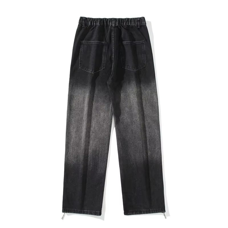 Men'S Jeans Spring and Autumn Fashion Retro Wide Leg Washed Black Gradient Color Trendy Brand Versatile Straight Casual Pants
