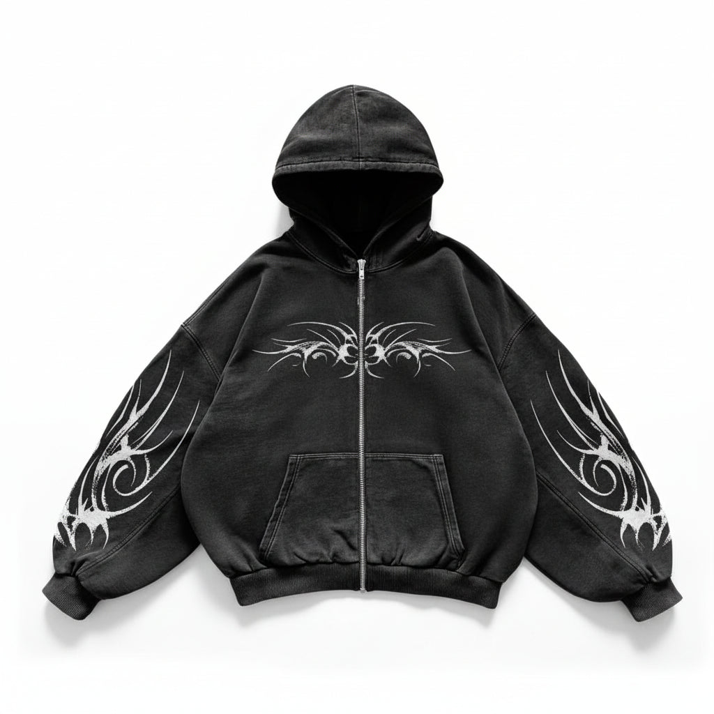 Gothic Punk Graphic Print Oversized Sweatshirt High Street Harajuku Y2K Streetwear Jacket Men Hip Hop Retro Casual Zipper Hoodie