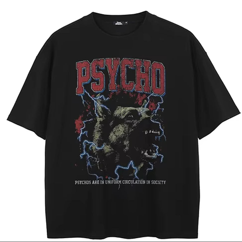 T-Shirt Streetwear Psycho Dog Graphic T Shirt Cotton Hipster Men Tshirt Unisex Tops Tees Black Hip Hop
