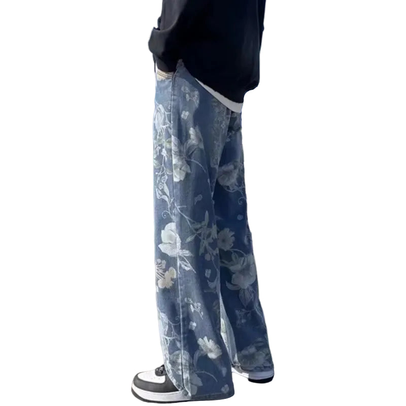 Printed Jeans 2025 Spring Korean Style Mens New Floral Denim Pant High Street Loose Straight Couples Trousers Baggy Hosen Herren